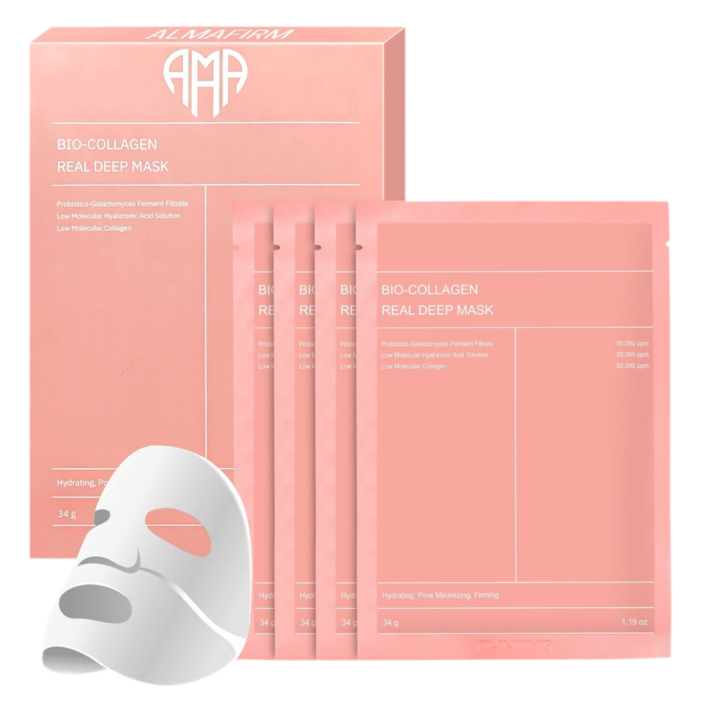 Mască facială coreeană cu bio-colagen, acid hialuronic, ceramide și peptide – 1 cutie (4 bucăți)